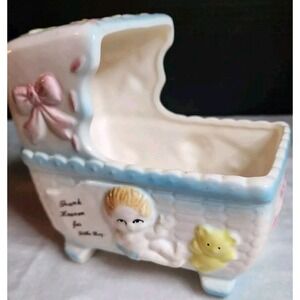 Vintage Rubens Originals Baby Cradle Planter Thank Heaven for Little Boys Blue